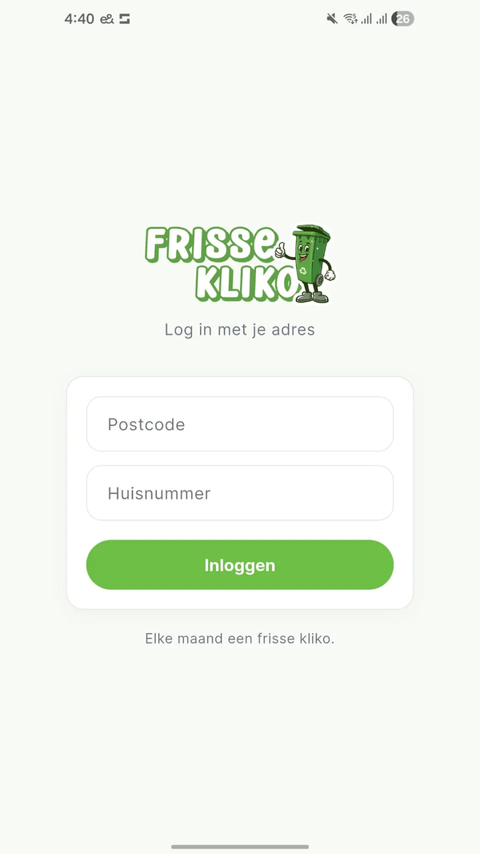 Inlogscherm van de Frisse Kliko-app met postcode en huisnummer.